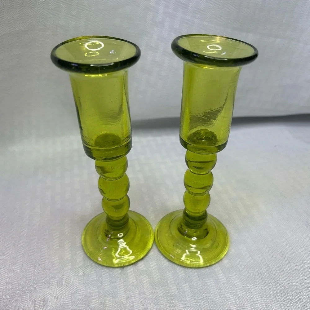 Vintage Pair Jamestown Glasshouse Hand Blown Green Glass Candle Holders